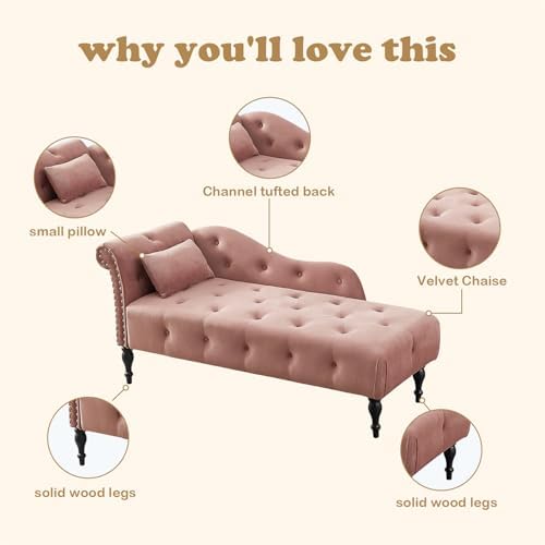 Tufted Upholstered Velvet Rolled Arm Chaise Lounges Indoor Chair, Rose | Righ...