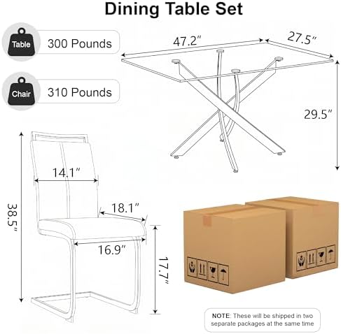 5 Piece Glass Dining Table Set for 4, Modern Tempered Glass Top Kitchen Table...