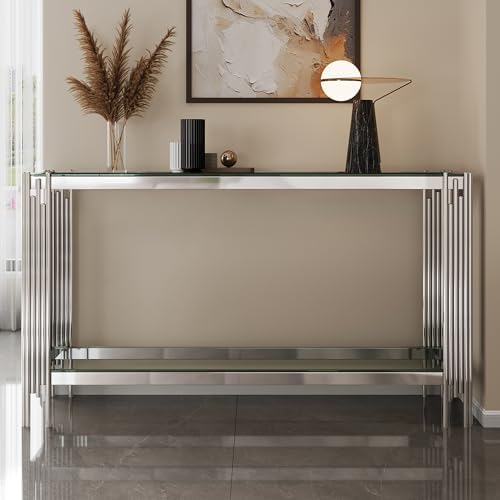 Modern Glass Entryway Table, 55" Long Console Table w/ 2 Tier Storage Sh...