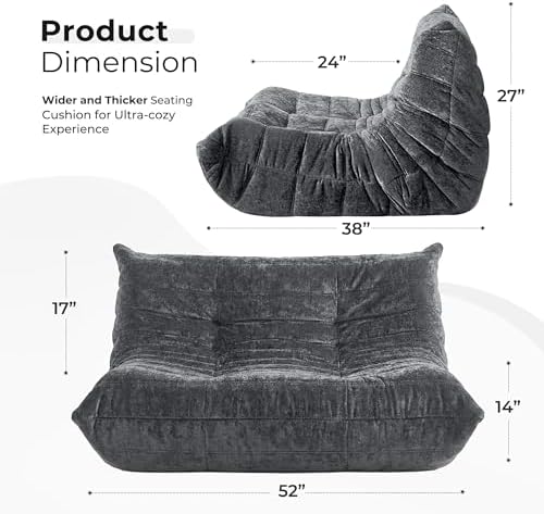 HABUTWAY Giant Bean Bag Chairs Loveseat for Adults,2 Seater,Grey | Loveseat F...