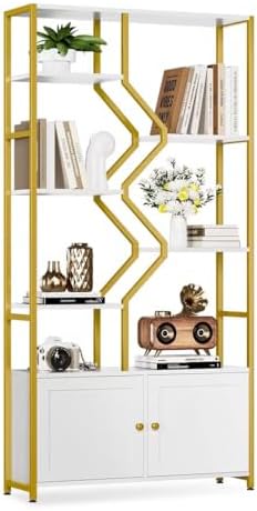 Keyluv 76" Tall White & Gold Bookshelf with Storage Cabinet