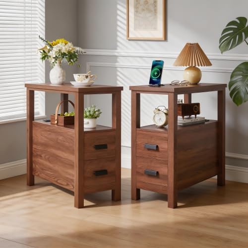 Farmhouse Nightstand with Charging Station, 18'' Wooden Bedside Table...