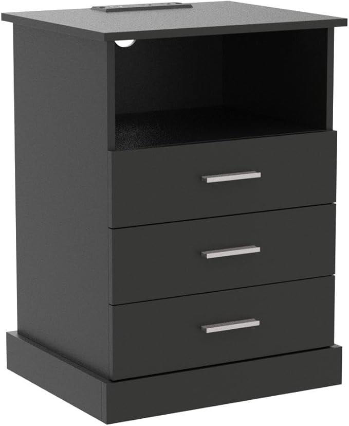 Black LED Nightstand with Charging Station, Side Table with 3 Drawers and Lig...