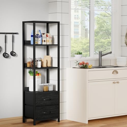 Furnulem 4 Tier Corner Shelf,Black Narrow Bookshelf with 2 Storage Drawers