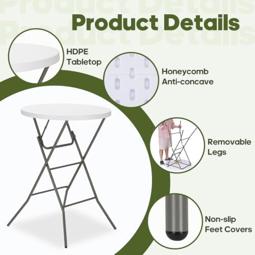 32" Round Folding Table, Portable Bar Height Folding Table with Detachab...