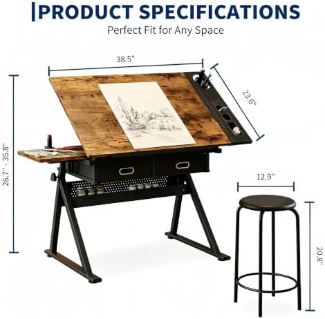 Garvee Height Adjustable Drafting Table, 0-75°Tilting Drawing Desk