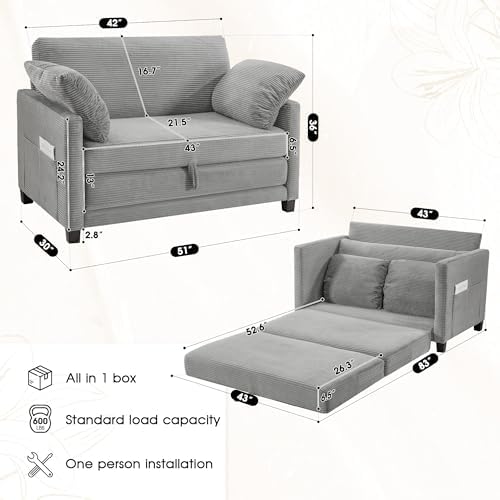 51" Convertible Loveseat Sofa Bed, 2-in-1 Folding Sofa Bed with 2 Pillow...