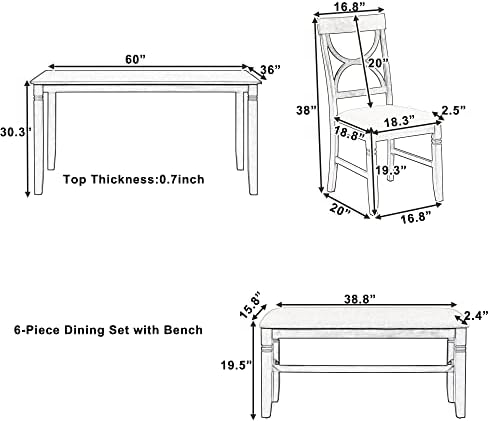 LUMISOL 6 Piece Farmhouse Dining Table Set with Bench for 6, White+Gray