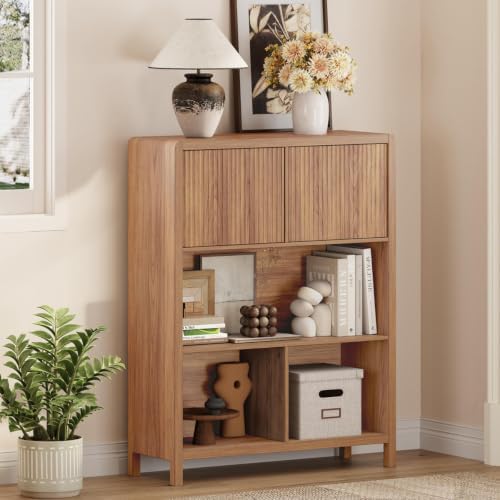 FATORRI Bookshelf with Open and Hidden Storage, 5 Cube Bookcase with 2 Doors,...