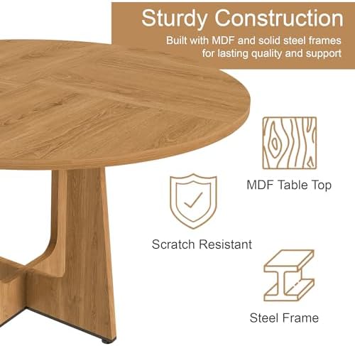 Modern 5-Piece Dining Table Set with 4 Chairs,Oak Round MDF Dining Table, Bei...