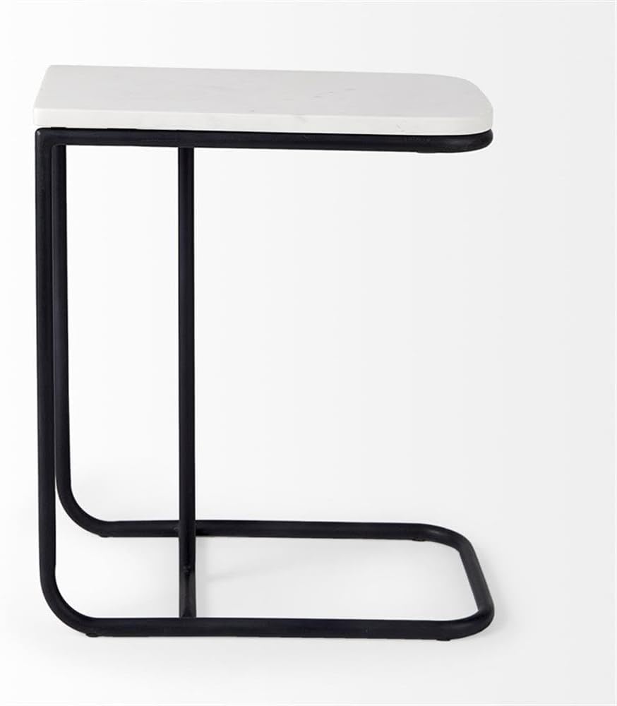 Pemberly Row C-Shaped Side Table, White Marble Top, Matte Black Iron Frame, M...