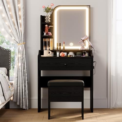 LIKIMIO Small Vanity Desk with Mirror Lights and Storage Stool | Black compac...