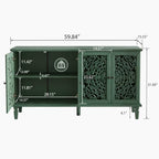 Green Sideboard Cabinet with Carved Doors, Green Buffet Cabinet, Vintage Cabinet with Storage Shelves, Farmhouse Storage Cabinet for Dining Room, Living Room & Entryway
