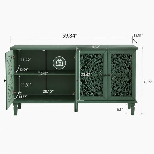 Green Sideboard Cabinet with Carved Doors, Green Buffet Cabinet, Vintage Cabinet with Storage Shelves, Farmhouse Storage Cabinet for Dining Room, Living Room & Entryway