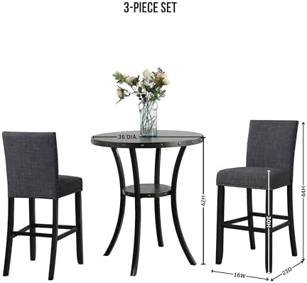 Roundhill Furniture Biony 3-Piece Round Espresso Bar Table with Nail Head Sto...