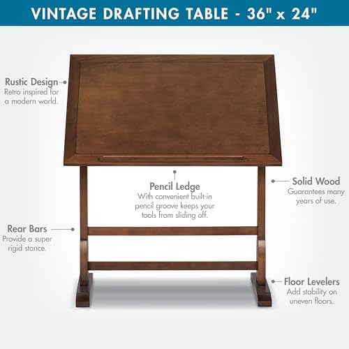Studio Designs Vintage Rustic Oak Drafting Table, Top Adjustable Drafting Tab...