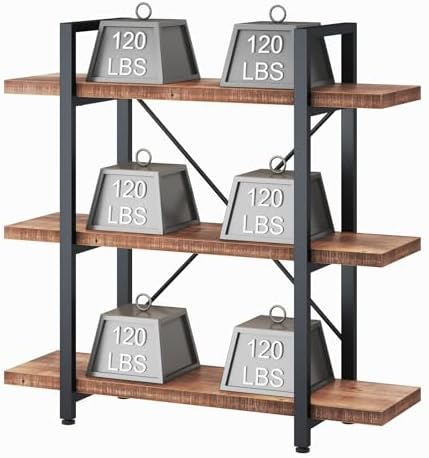HSH 3 Tier Industrial Solid Wood Bookshelf, Distressed Brown