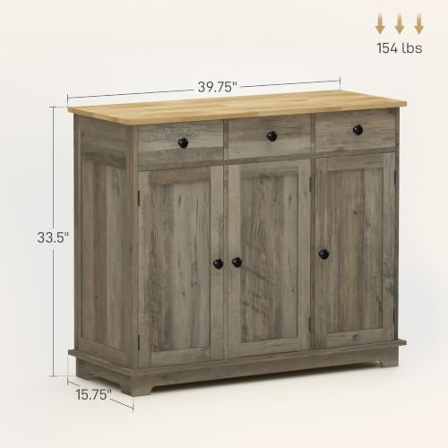 HOMCOM Sideboard Buffet Cabinet Solid Wood Countertop Distressed Gray