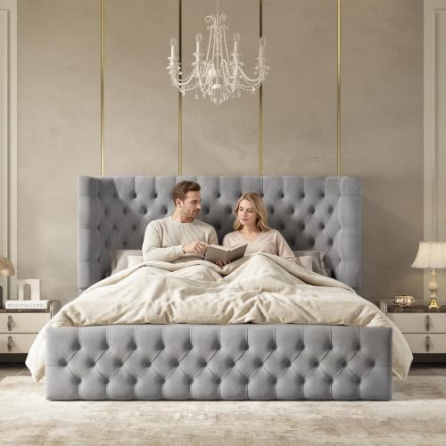 Jocisland King Bed Frame Upholstered Wingback Headboard & Footboard,Grey