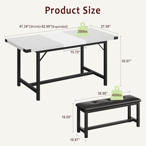 GarveeHome 5 Piece Extendable Dining Table Set for 4-6, Marble White