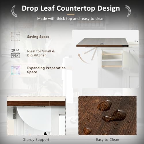 Kitchen Island with Power Outlet and Drop Leaf, Breakfast Bar Table with Vert...