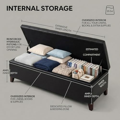 Black Ottoman with Storage Faux Leather Storage Ottoman Bench | 51 Inch Uphol...