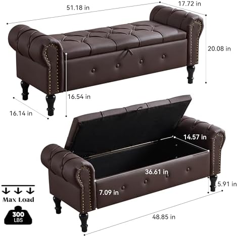 Storage Bench 51" Faux Leather End of Bed Benches Dark Brown | Queen Siz...