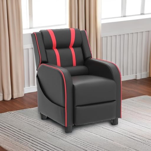 Costzon Kids Recliner, Gaming Recliner Chair w/Side Pockets, Footrest, Headrest & Lumbar Support for Kids Room & Play Room, Adjustable Racing Style Leather Sofa for Children Boys Girls (Red, Black)
