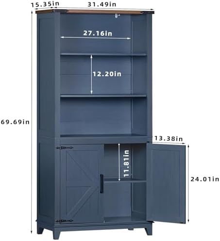 Joaxswe 70in Tall Bookshelf 5 Tier Bookcase with Barn Doors and Adjustable Sh...