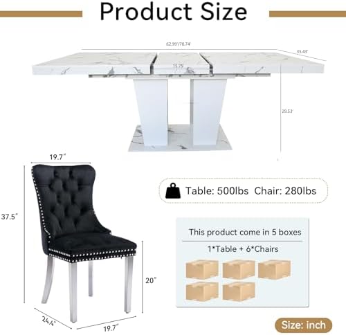 7-Piece Extendable Dining Table Set for 6-8 People 63"-78.7" Kitche...