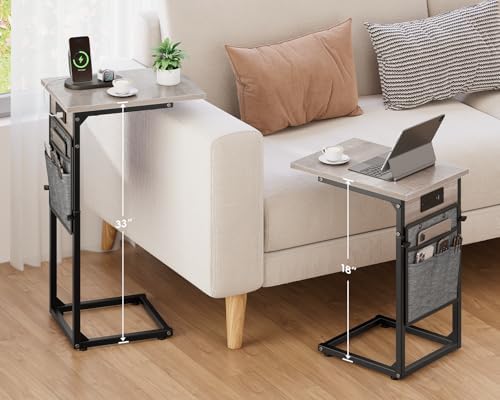 VAGUSICC C Shaped End Table with Charging Station, Adjustable Height Side Tab...