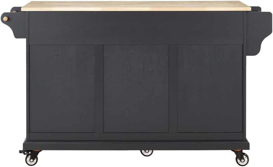 Kitchen Island with Rubberwood Top, 5 Drawers, Cabinet and Wheels, Black | Ro...