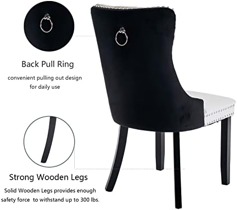 Black and White Dining Chairs Set of 2, Velvet Back, PU Leather Seat