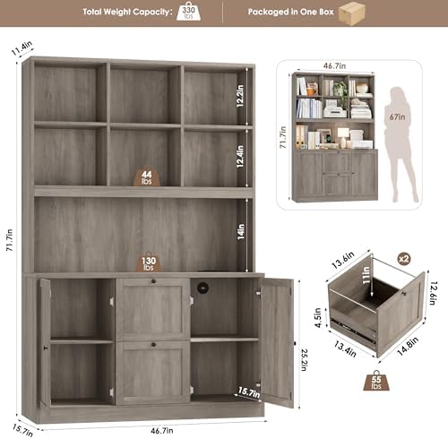 HIFIT 72'' Tall File Bookcase with Outlet & Printer Stand, 2 Fili...