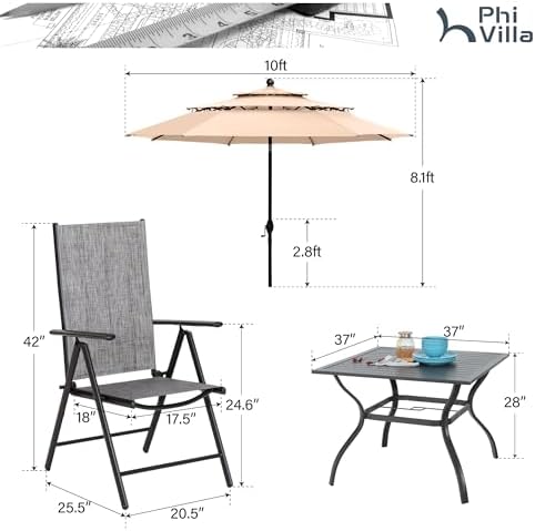 PHI VILLA Outdoor Dining Set for 4 w/Beige Umbrella & Folding Chairs