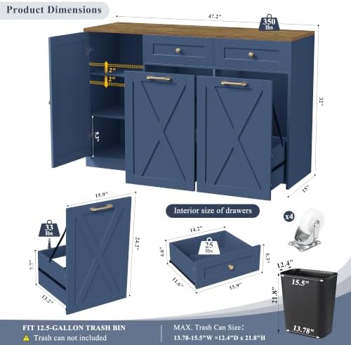 HOSTACK 12.5 Gallon Trash Can Cabinet, 47" W Dual Garbage Can Cabinet, Blue