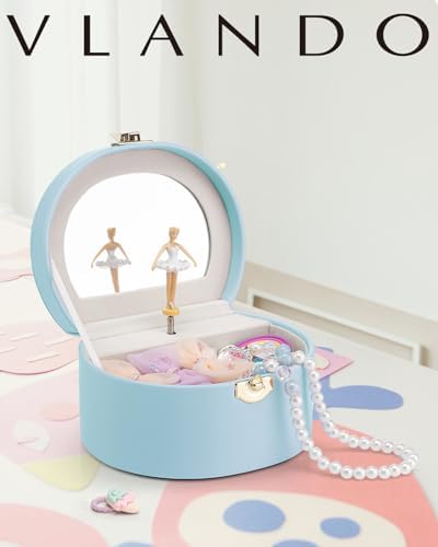 VLANDO Musical Jewelry Box for Girls, Arc Design with Spinning Ballerina | Large Compartment for Small Treasures, Plays Canon Melody, Built-In Mirror and Soft Carry Handle, Birthday Christmas Gift