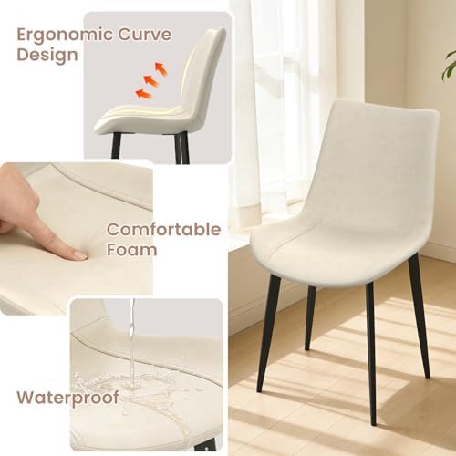 34.6" Round Dining Table Set for 4, Modern Kitchen Coffee Table Set, White | Space-saving MDF Top, 4 Beige Sleek PU Leather Chairs Set, Small Dining Set, Great for Dining Room, Office, Sturdy & Seamless