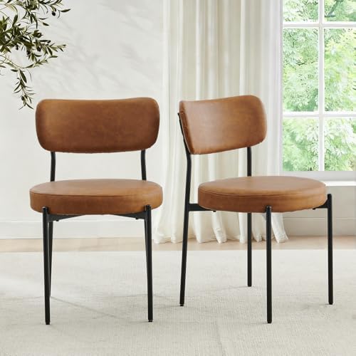 Brown Dining Chairs Set of 2, Upholstered Leather Chairs with Metal Legs, Mid...