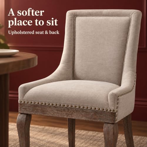 Upholstered Dining Chairs Set of 6, Beige Fabric Kitchen Chair with Nailhead ...