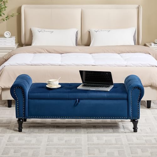 Storage Bench for Bedroom, 51" Upholstered End of Bed Bench, Velvet Quee...