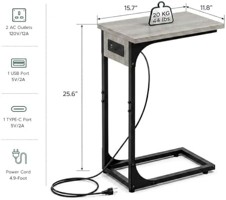 TEMI C Shaped End Table for Couch with Charging Station, Small Side Table TV ...