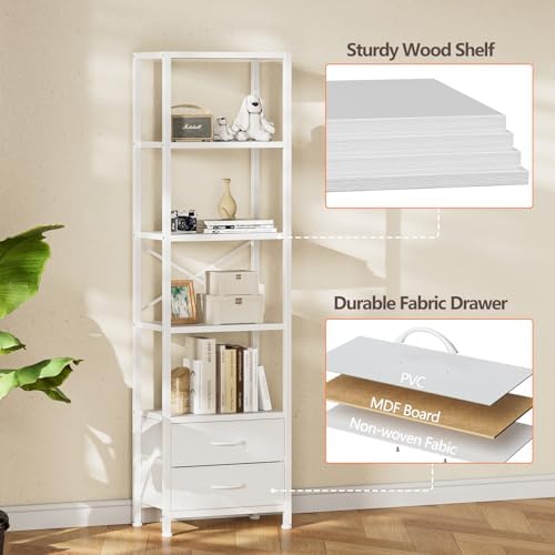 Furnulem 5-Tier Corner Shelf,Tall Narrow Bookshelf with Drawers,White