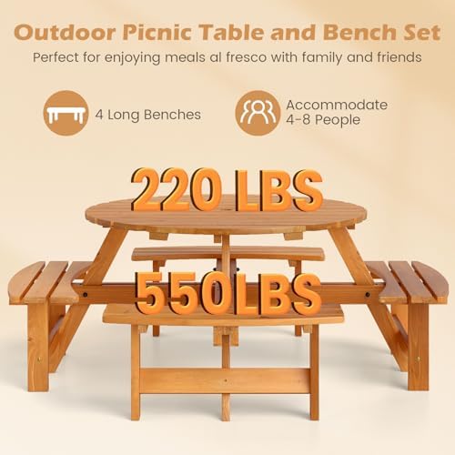 GIANTEX 8-Person Round Picnic Table Set with 4 Benches, 550 LBS Bench Capacit...