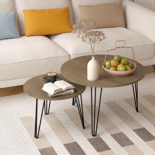 Round Nesting Coffee Tables Set of 2, Marble Grain Top Modern Side Tables | M...
