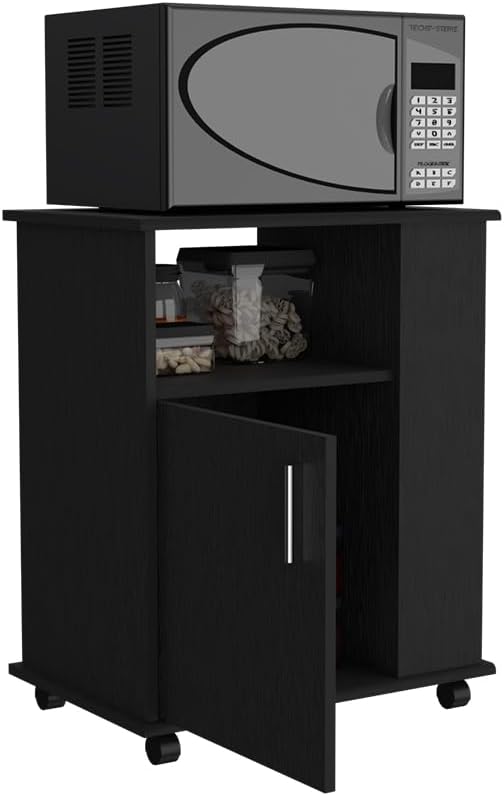 Lower Microwave Cabinet, Black - Compact Kitchen Storage with Open Shelves