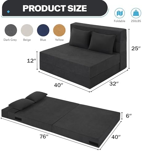 Fvkind Folding Futon Couch, Convertible Sleeper, Standard Size, Dark Grey | R...