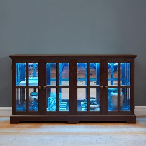 KEIKI Curio Cabinet, Lighted Glass Display Cabinet w/ 4 Glass Doors & Adj...