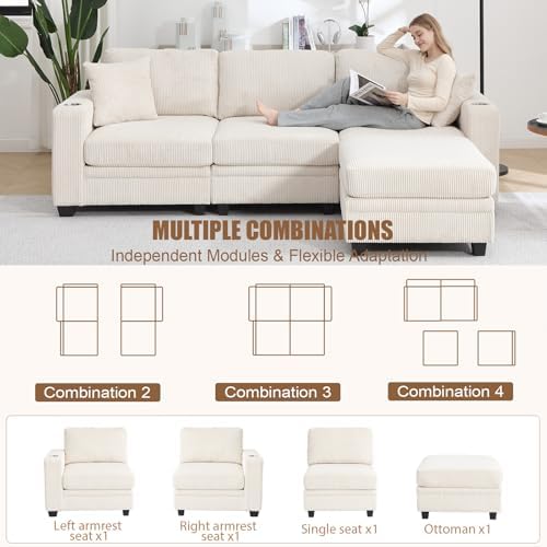 97" Modular Sectional Couch with Storage, Corduroy 3-Seater L Shaped Sof...