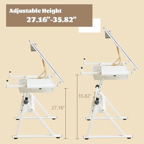 Height Adjustable Drafting Table Desk w/Stool, Tempered Glass Top